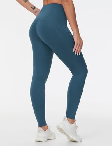 THE GYM PEOPLE Thick High Waist Yoga Pants with Pockets, Tummy Control Workout Running Yoga Leggings for Women Green Blue - Image 2