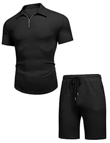 URRU Men's Polo Shirt and Shorts Set Summer Outfits Fashion Casual Short Sleeve Polo Suit for Men 2 Piece Short Set Black M - Image 4