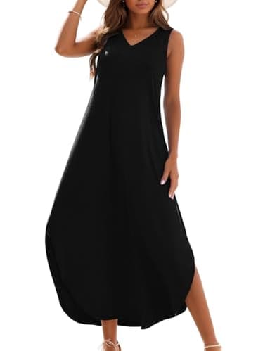 Zilcremo Women's Summer Casual Loose Sundress Long Dress Sleeveless V Neck Split Tshirt Maxi Dresses Black XL - Image 1