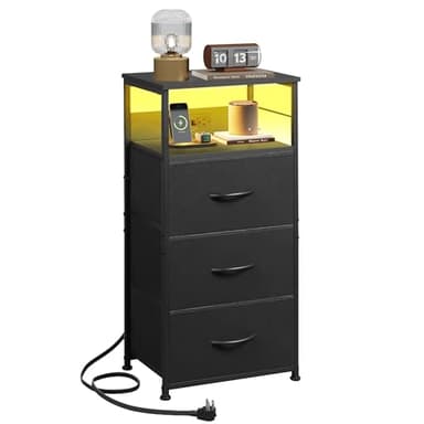 WLIVE LED Nightstand with Charging Station, Black Night Stand with 3 Fabric Drawers and Storage Shelf, Small Dresser for Small Space, 31.9" H Bedside Table with USB Ports and Outlets for Bedroom - Image 1