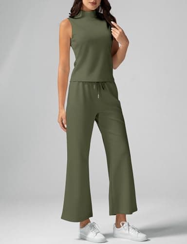 Casly Lamiit Lounge Sets for Women Spring Summer Sleeveless Mock Neck Top Cropped Pants Mathcing Set Airport Outfits Tracksuit 2025 Athleisure Clothes Sweat Suit Army Green Petite XS - Image 3