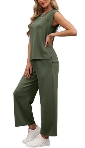 OFEEFAN Womens Summer Outfits Two Piece Sets Comfy Matching Lounge Sets Side Split Plus Size Airport Travel Outfits Luxury Womens Fashion Olive M - Image 4