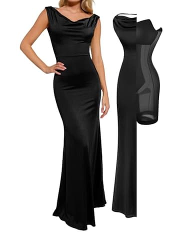 Popilush Women Shapewear Maxi Dress - Sleeveless Long Formal Cocktail Party Elegant Bodycon Dresses Built-in Bra Black - Image 1