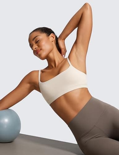 CRZ YOGA Womens Butterluxe Adjustable Spaghetti Strap Sports Bra - Scoop Neck Wireless Padded Yoga Workout Crop Top Mojave Tan Medium - Image 3