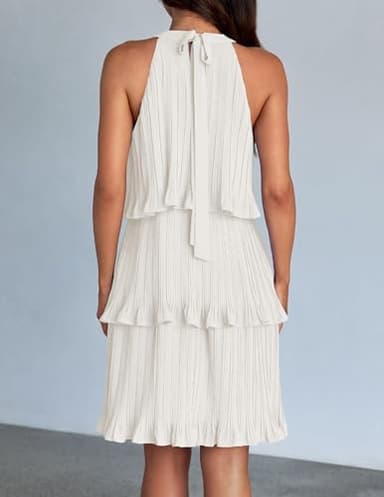 ZESICA Women's 2025 Summer Halter Dresses Sleeveless Ruffle Tiered Layered Chiffon Pleated A Line Swing Mini Dress,White,X-Large - Image 4