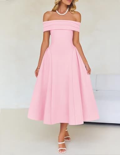 ZESICA Cocktail Dresses for Women's Elegant Off Shoulder Short Sleeve Swing A Line Wedding Evening Party Midi Dress,Pink,Medium - Image 2