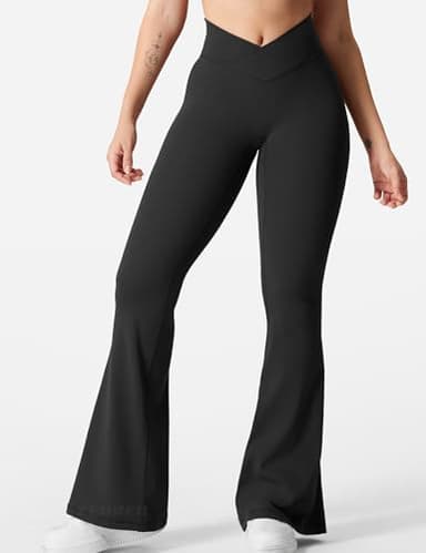 YEOREO Kalie Flare Scrunch Leggings for Women V Cross Waist Bell Bottom Yoga Pants Tummy Control Bootcut Workout Leggings Black L - Image 2