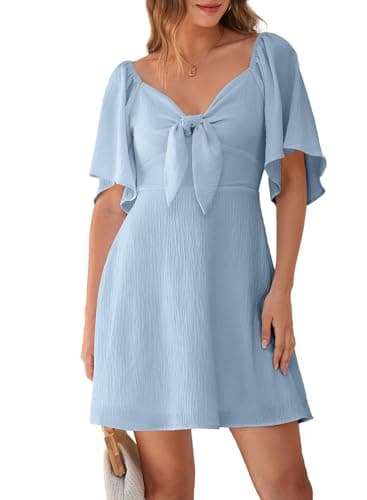 Dokotoo Cute Summer Dresses for Women 2025 Fashion Fall Outfits Wedding Guest Dresses for Women Sexy V-Neck Drawstring Cap Sleeve Elegant Solid Color Mini Dress Blue - Image 1