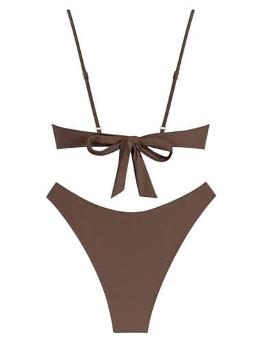 ZAFUL Women Plus Size Bikini Sets Cute High Cut Thong String Push Up Swimsuit Two Piece Underwire Bathing Suit Teen Girl Brazilian Cheeky Cut Out Lace Up Retro Sexy Swimwear Coffee XL - Image 6