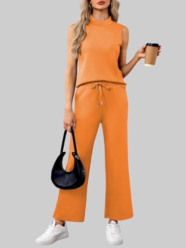 Casly Lamiit Womens Summer Outfits Matching Set Mock Neck Tank Top Crop Pants Tracksuit 2025 Trendy Comfy Clothes Dressy Work Travel Sweatsuit Camellia S - Image 2