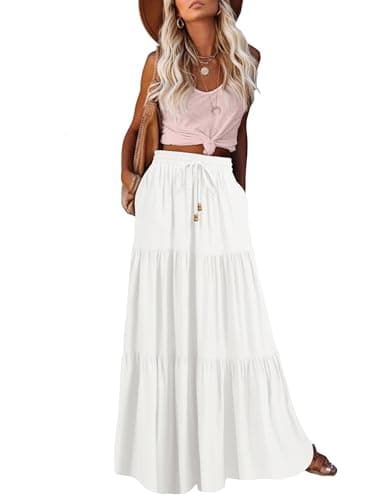 HAEOF Women's Summer Boho Elastic High Waist Maxi Skirt A-Line Flowy Swing Ruffle Tiered Long Beach Skirts with Pockets(White, S) - Image 1