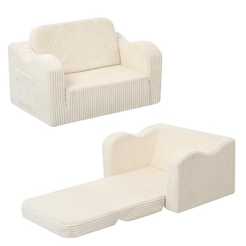 MeMoreCool Toddler Chair Comfy for 1-3 Years Old, Corduroy Kids Couch Bed Fold Out, 2-in-1 Foldable Baby Lounge Chair, Pull Out Children Sofa Bed, Beige - Image 1