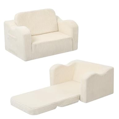 MeMoreCool Toddler Chair Comfy for 1-3 Years Old, Corduroy Kids Couch Bed Fold Out, 2-in-1 Foldable Baby Lounge Chair, Pull Out Children Sofa Bed, Beige - Image 1
