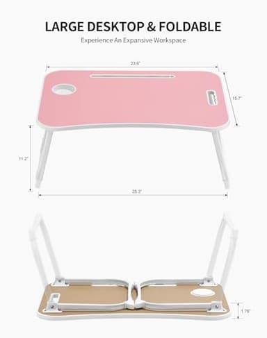 ZEAPTAC Laptop Bed Desk, Foldable Lap Desk, Portable Lap Table, Laptop Stand with Cup Holder & Tablet Slot & Lifting Handle for Working Writing Drawing & Eating - Pink - Image 8