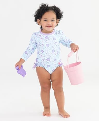 RuffleButts Baby Girls UPF 50+ Sun Protection Floral Printed Long Sleeve One Piece Rash Guard Swimsuit with Zipper - Fairytale Garden, 6-12m - Image 3