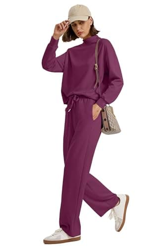 WIHOLL Sweat Suits for Womens 2 Piece Sets Mock Neck Casual Fall Long Sleeve Outfits Wide Leg Sweatpants Spring Travel Airport Outfits 2025 Fall Winter Dark Purple M - Image 3