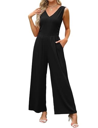 BMJL Womens Dressy Jumpsuits Sleeveless Wide Leg Pants Romper Casual V Neck One Piece Outfit with Pockets 2024(Black, L) - Image 1