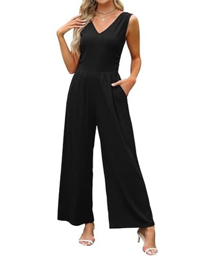 BMJL Womens Dressy Jumpsuits Sleeveless Wide Leg Pants Romper Casual V Neck One Piece Outfit with Pockets 2024(Black, L) - Image 1