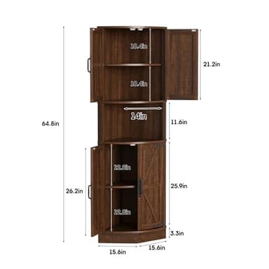Vabches 64.8" Tall Farmhouse Corner Cabinet with 4 Doors and 5 Storage Shelves, Farmhouse Storage Cabinet with Barn Door Design, Home Space Saver for Living Room, Kitchen, Laundry Room,Brown - Image 2