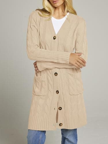 MEROKEETY Women's 2025 Long Sleeve Cardigan Sweater Fall Winter Cable Knit Open Front Button Long Outerwear Apricot - Image 4
