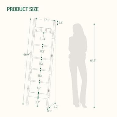 Hzuaneri Blanket Ladder for Living Room, Decorative Quilt Rack with 4 Removable Hooks, 5-Tier Farmhouse Ladder Holder Shelf Organizer for Bedroom, Rustic Brown and Black BR31501B - Image 3