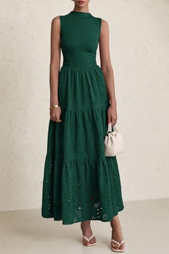 PRETTYGARDEN Summer Dresses for Women 2025 Casual Eyelet Sleeveless Wedding Guest Maxi Dress Tank Top Sundress with Pockets (Dark Green,Large) - Image 7