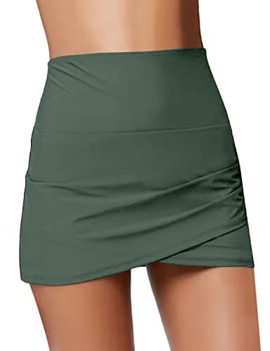 GRAPENT Women's High Waist Tulip Hem Shirring Swim Skirt Swimsuit Bikini Bottom Army Green Size M - Image 1