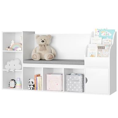 MU Kids Bookshelf with Reading Nook, Toddler Bookcase Bench with Seat Cushion and 7 Storage Cubbies, Kids Reading Nook for Boys & Girls, Toy Storage Bench Box for Bedroom, Playroom, Nursery, White - Image 8