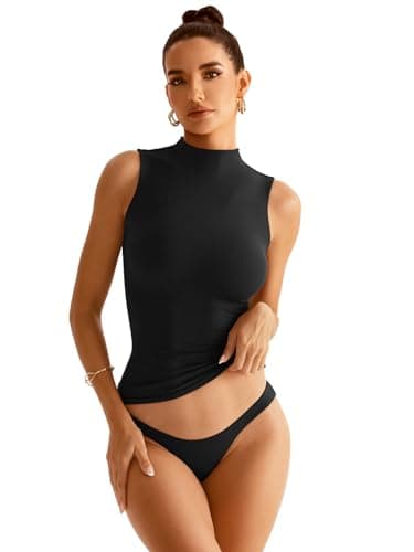 EasyGala Women Sleeveless Mock Turtle Neck Tops Double Lined Fitted Tank Tops Basic T Shirts Business Going Out Tops Summer Clothes 2025 Black Medium - Image 4