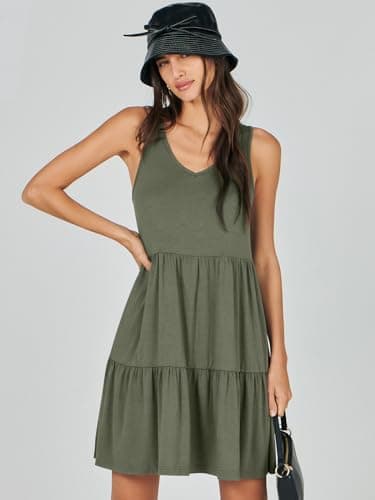 ANRABESS Womens Summer Casual Tank Dress Sleeveless V Neck T Shirt Sundress Flowy Tiered Swing Mini Beach Vacation Dresses Olive Green Medium - Image 4