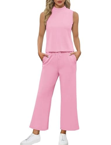 SAMPEEL Two Piece Set for Women Summer Outfits Vacation Trendy Lounge Sets Mock Neck Matching Sets Women Clothing Wide Leg Crop Pants Set - Image 3