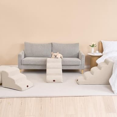 EHEYCIGA Curved Dog Stairs Ramp for High Beds 22.6" H, 5-Step Dog Steps for Small Dogs and Cats, Pet Stairs for High Bed Climbing, Non-Slip Balanced Pet Step Indoor, Beige - Image 8