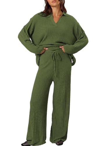 Cakulo Womens 2024 Lounge Sets 2 Piece Outfits Knit Sweater Matching Set Ribbed Wide Leg Loungewear Sweatsuits Army Green S - Image 1