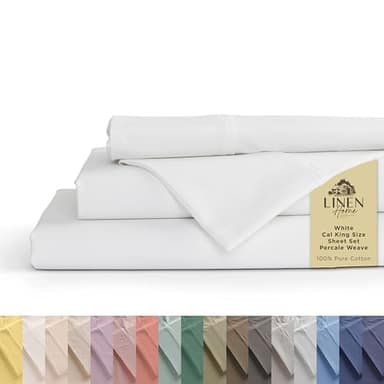 Linen Home 100% Cotton Percale Sheets California King Size, White, Deep Pocket, 4 Pieces Set - 1 Flat, 1 Deep Pocket Fitted Sheet and 2 Pillowcases, Crisp Cool and Strong Bed Linen - Image 1