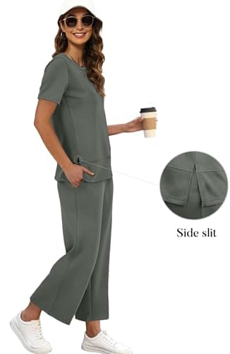 XIEERDUO 2 Piece Set for Women Summer Travel Outfits Spring Loungewear Short Sleeve Vacation Clothes Wide Leg Capri Pants Matching Lounge Sets Women's Track Suit Loose Fit XL - Image 2