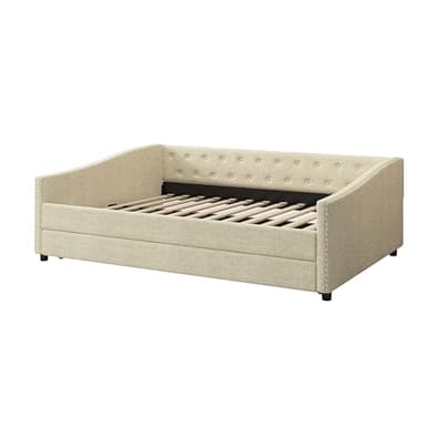 FAVSH Full Size Upholstered Daybed with Trundle,Tufted Sofa Bed w/Button on Back and Piping on Waved Shape Arms for Bedroom Guest Room, No Box Spring Needed,Beige - Image 7