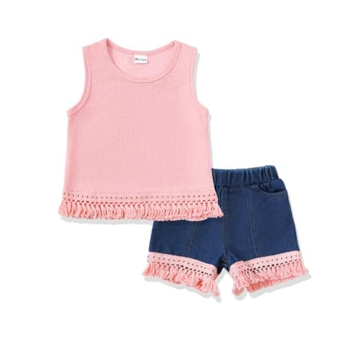 Mikrdoo Baby Girls Clothes Toddler Girl Summer Outfits Cute Tassel Hem Sleeveless Infant Tank Tops Ripped Denim Shorts Set Pink 3-4T - Image 1