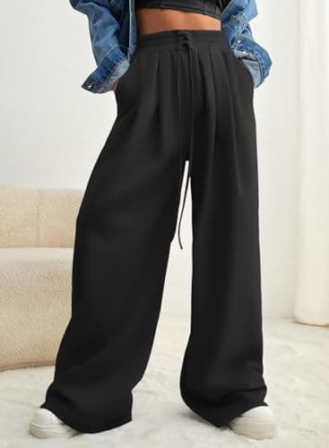 Aleumdr Womens Wide Leg Joggers 2025 Fall Trendy Baggy Pants Y2K Elastic Waist Jogger Sweatpants Track Pants Black Large - Image 2