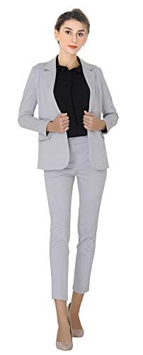 Marycrafts Women’s Two Piece Suits – Business Blazer Pant Suit Set for Work, Professional Outfit, Office Wear, Formal Business Attire 8 Silver - Image 1