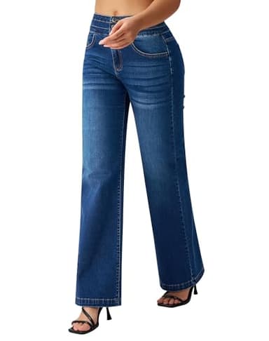 roswear Women’s Wide Leg Jeans Casual High Waisted Stretch Baggy Loose Denim Pants Blue Small - Image 5