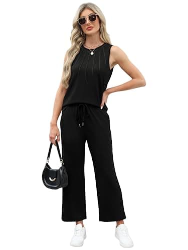 Two Piece Sets for Women Summer Outfits Casual Lounge Matching Sets Women Clothing Travel Vacation Cruise Outfits Wide Leg Crop Pants Set 2025 Black M - Image 3