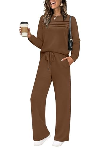 WIHOLL Womens Two Piece Lounge Set 2 Pc Fall Outfits Winter Long Sleeve Tracksuit Wide Leg Loungewear Women's Travel Track Suit Brown M - Image 1