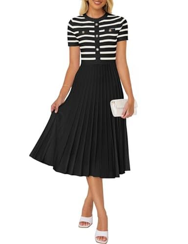 ZESICA Women's 2025 Casual Striped Midi Dress Crewneck Short Sleeve Button Ribbed Knit Swing Pleated A Line Dresses,Black,Medium - Image 1