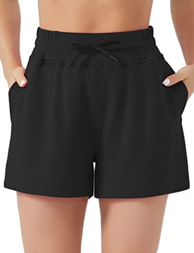 THE GYM PEOPLE Women's Drawstring Sweat Shorts High Waisted Summer Workout Lounge Shorts with Pockets Black - Image 1