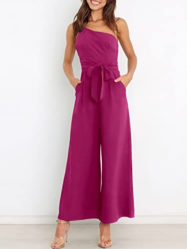 ANRABESS Women Summer Dressy Jumpsuits One Shoulder Sleeveless Casual Wide Leg Pants Romper Jumper 2025 Trendy Fall Outfits Deep Rose Small - Image 5