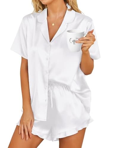 HOTOUCH Womens Satin Pajamas Set Button Down 2 Piece Silk Pjs Shorts Set Ruffle Notch Collar Sleepwear White,XXL - Image 1
