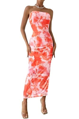 PRETTYGARDEN Women's Summer Maxi Bodycon Dresses Strapless Tube Top Printed Long Party Club Slit Dress (Print Light Orange,Medium) - Image 1
