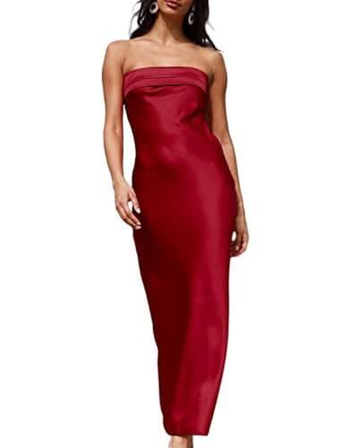 Realtix Satin Silk Backless Tube Tops Maxi Dress for Women Low Back Hollow Out Elegant Strapless Long Dresses Wedding Guest Burgundy - Image 1