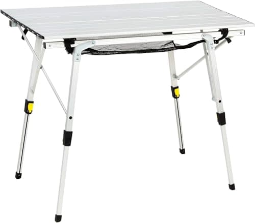 PORTAL Outdoor Folding Portable Picnic Camping Table with Adjustable Height Aluminum Roll Up Table Top Mesh Layer, Silver - Image 1