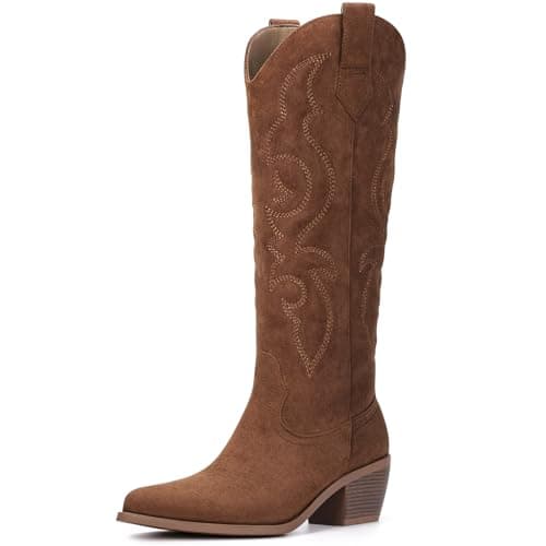 Platikly Brown Cowboy Boots for Women - Embroidered Western Cowgirl Boots Suede Leather, Wide Calf Knee High Tall Footwear, Pointed Toe Chunky Heel Pull On Zipper Classic Retro Country US 8 Wide - Image 1